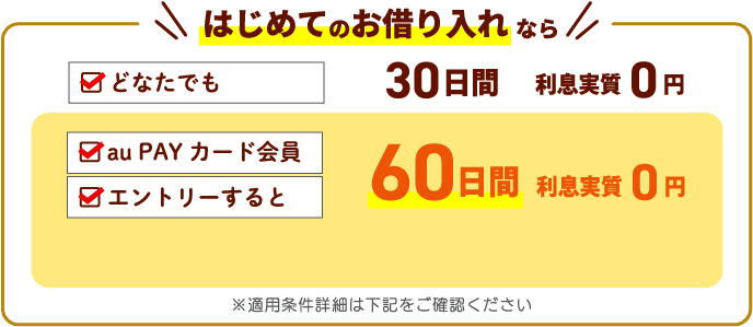 はじめてのお借り入れならどなたでも【30日間利息実質0円】au PAY カード会員＋エントリーすると【60日間利息実質0円】※適用条件詳細は下記をご確認ください