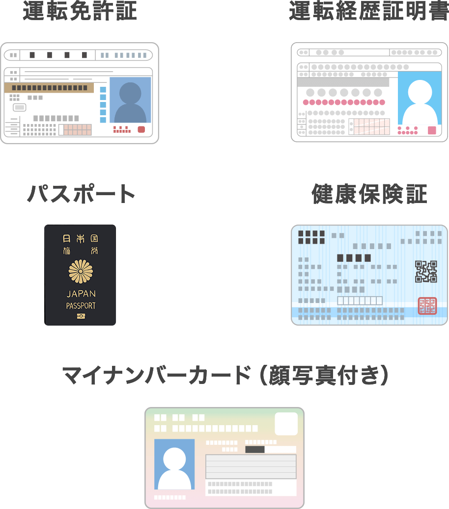 運転免許証 運転経歴証明書 パスポート 健康保険証 マイナンバーカード（顔写真付き）